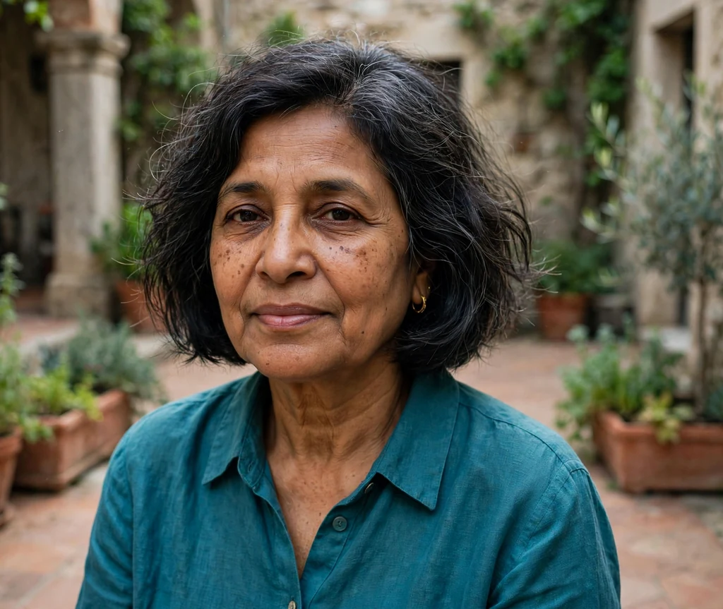 South Asian woman in her late fifties with a dark French bob in a courtyard