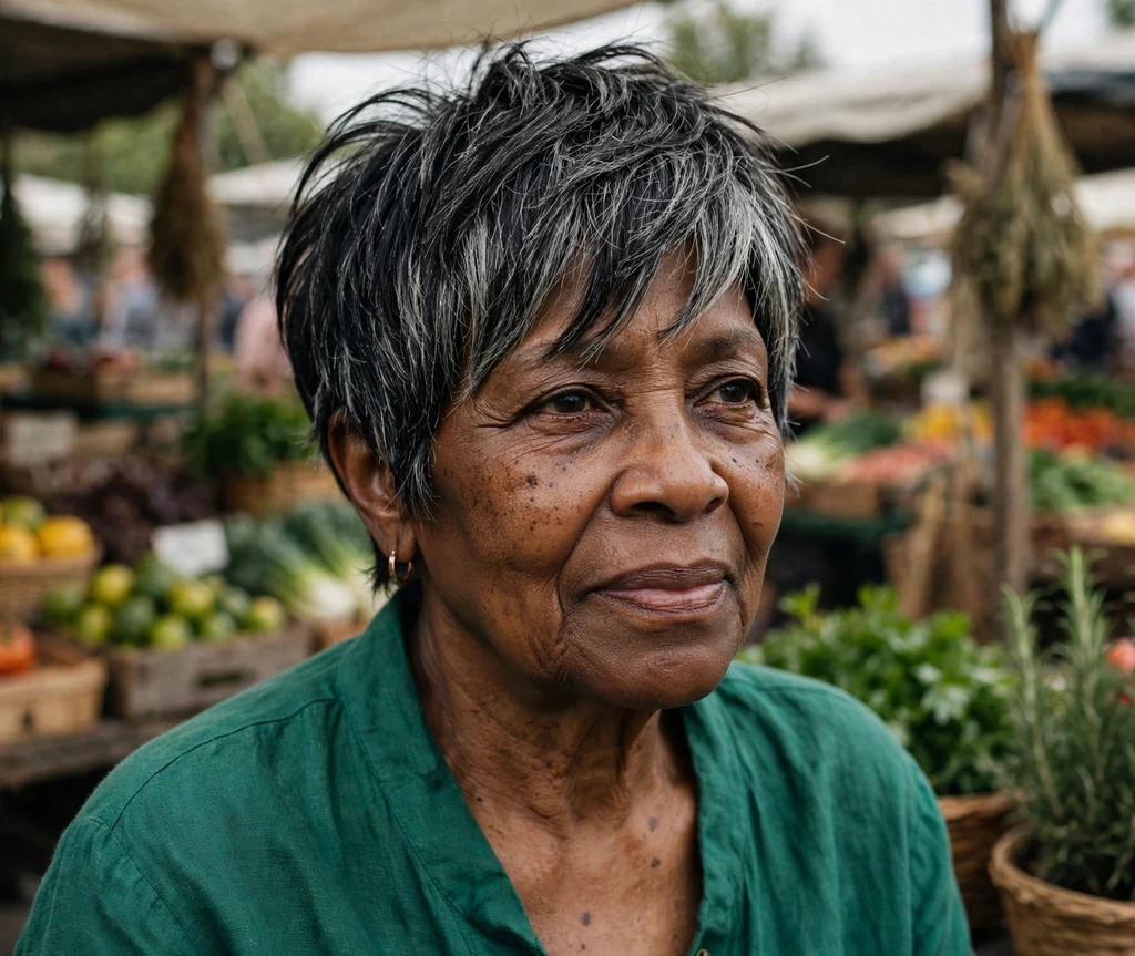 Black woman in her late sixties with a black-and-silver choppy pixie with a longer fringe at a market