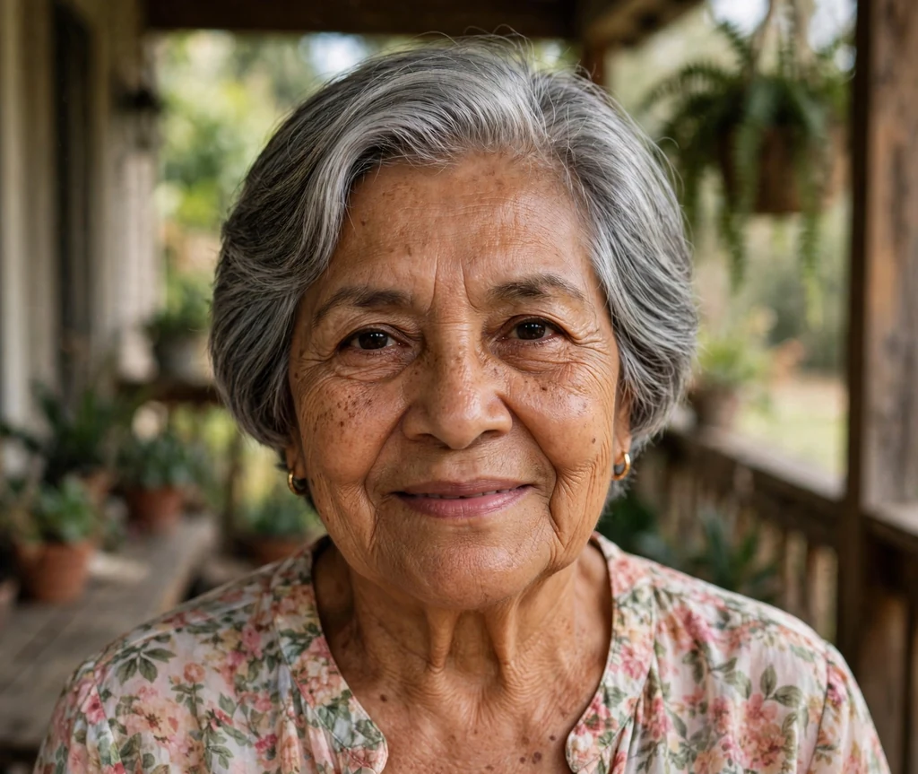 Latina woman in her early seventies with a grey rounded bob with a side part on a porch