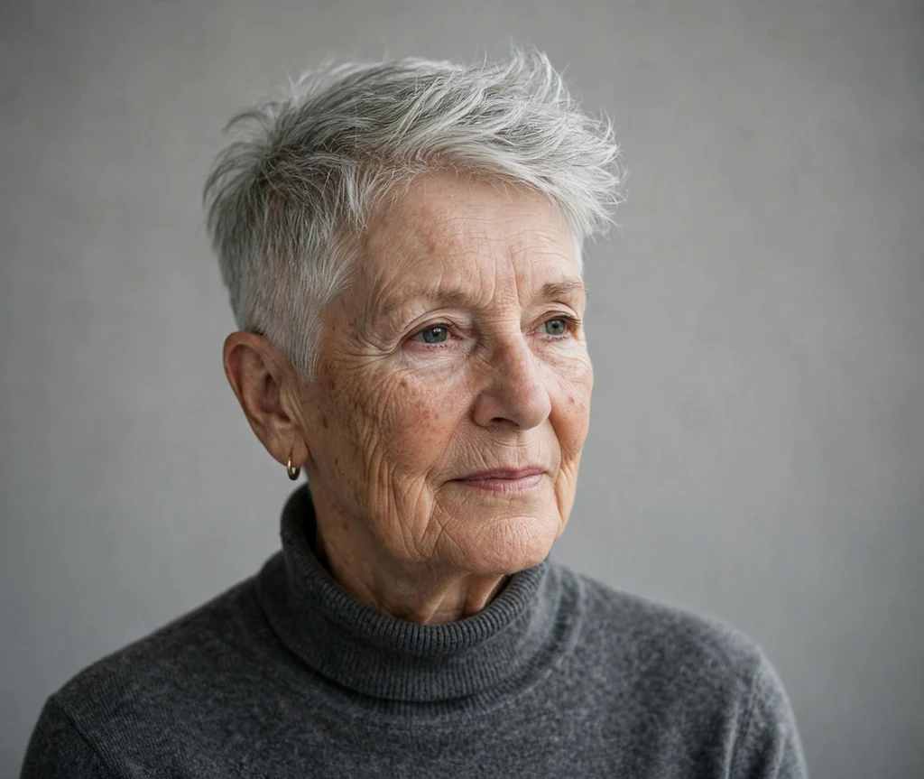 White woman in her mid-sixties with a silver buzzed-nape crop with a longer top in a studio