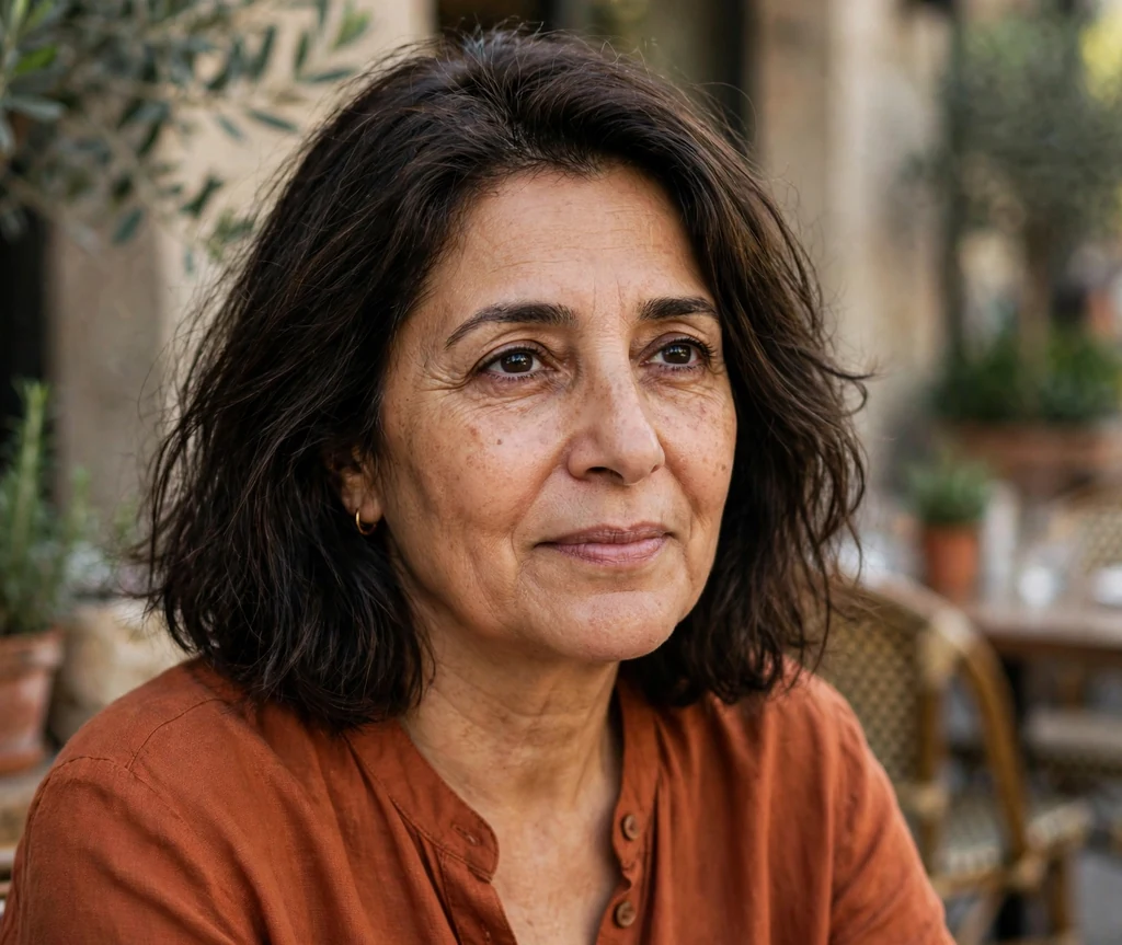 Middle Eastern woman in her late fifties with a dark brown shoulder lob on a cafe patio