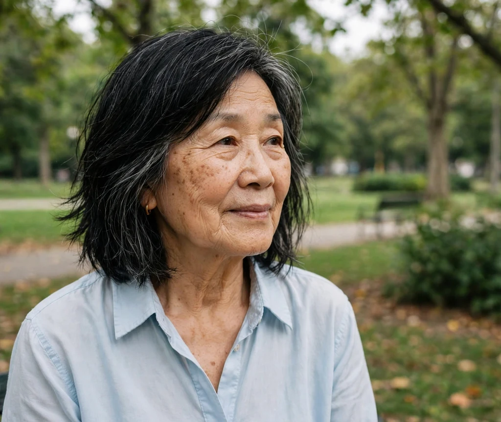 East Asian woman in her mid-sixties with a black layered collarbone cut in a park