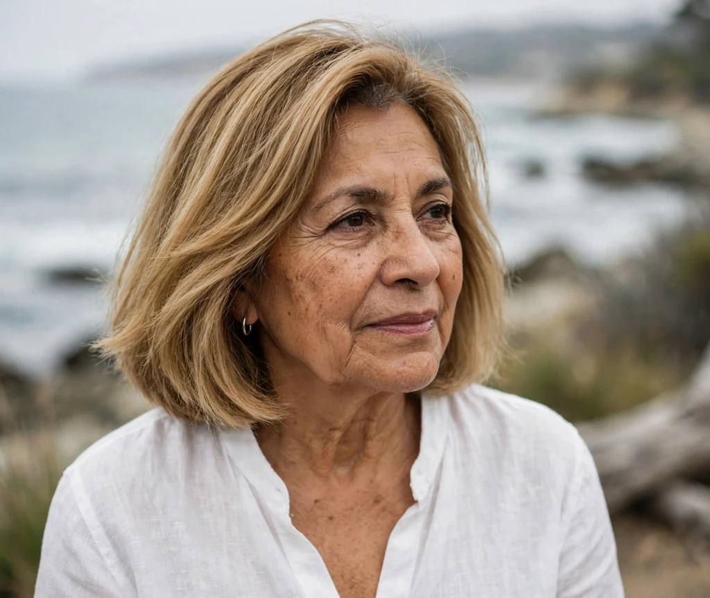 Latina woman in her early sixties with a honey-blonde A-line lob by the seaside