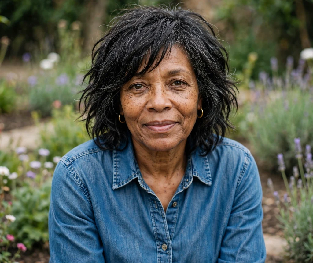 Black woman in her mid-fifties with dark shaggy mid-length layers in a garden