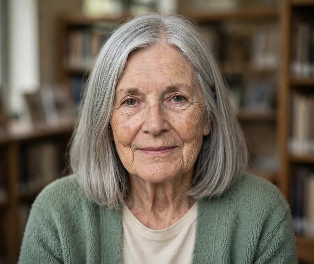 White woman in her late sixties with a silver one-length midi with a middle part in a library