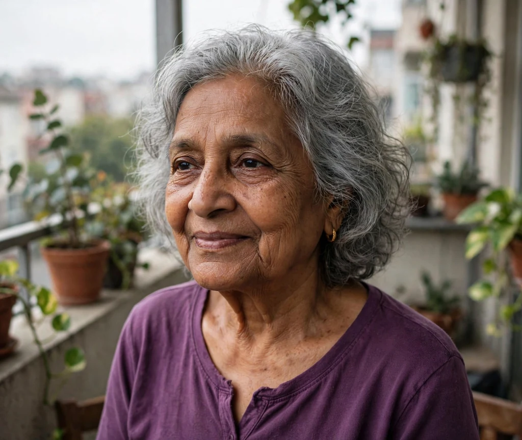 South Asian woman in her early seventies with a grey air-dried wavy lob on a balcony