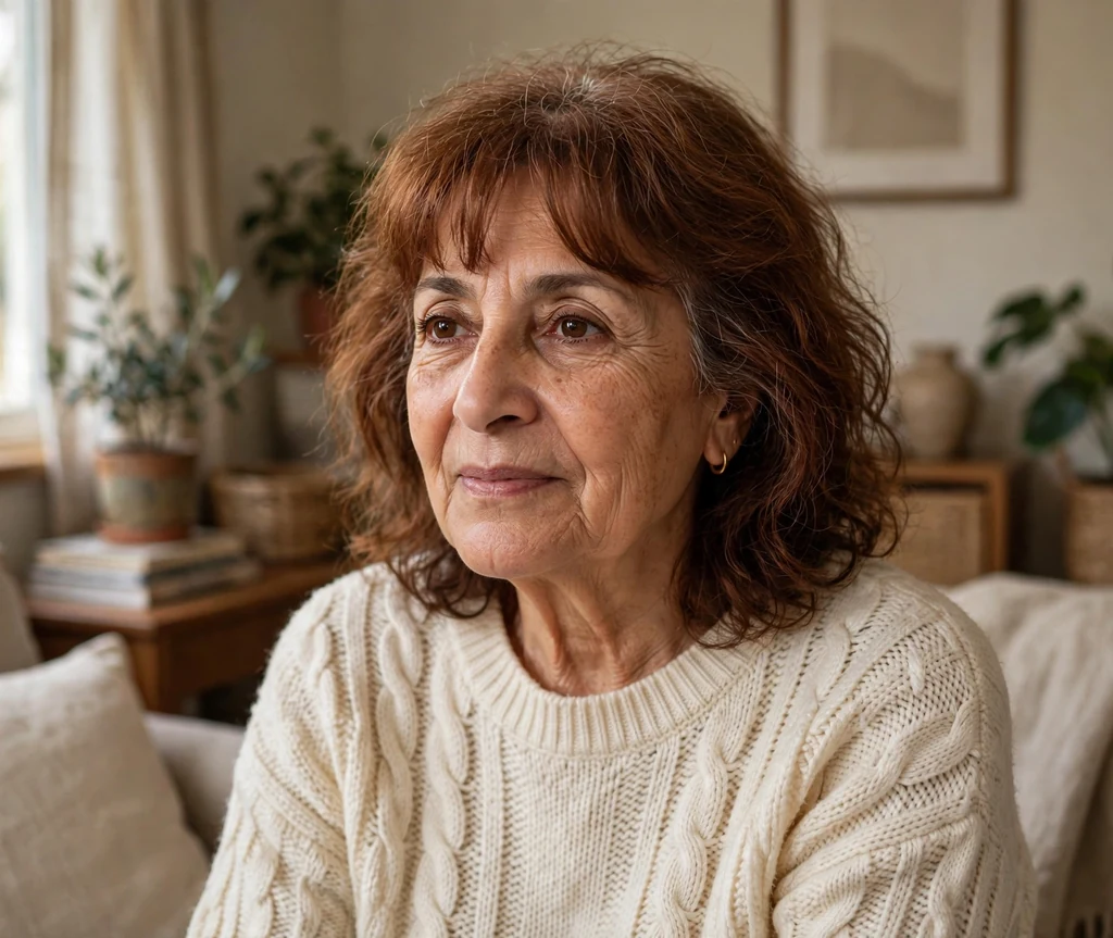 Middle Eastern woman in her mid-sixties with an auburn textured lob with curtain fringe in a living room