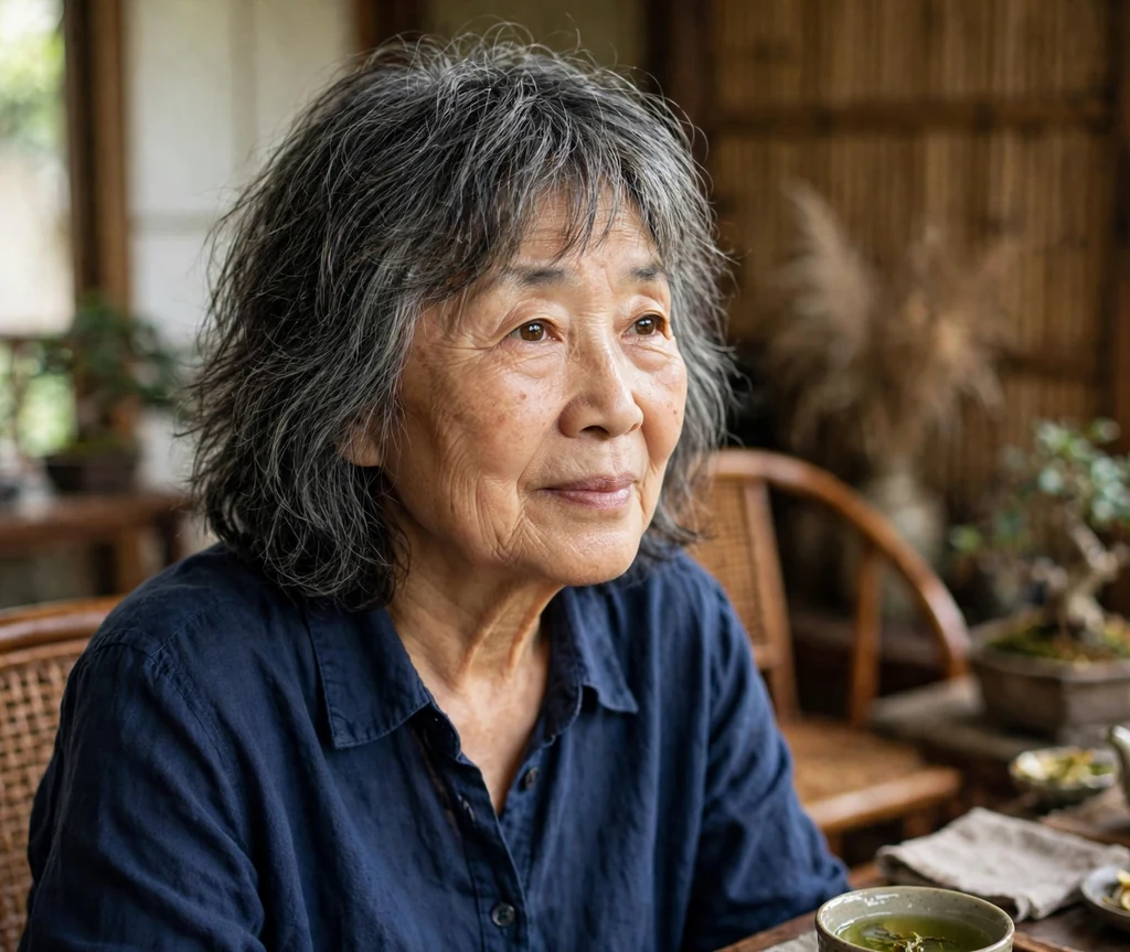 East Asian woman in her late sixties with salt-and-pepper choppy mid-length hair in a tea house