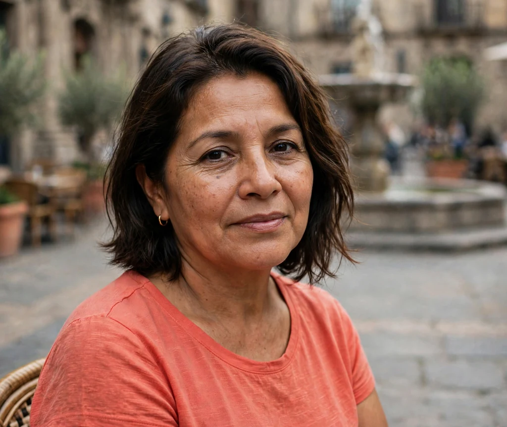 Latina woman in her mid-fifties with a dark brown asymmetric midi cut in a plaza