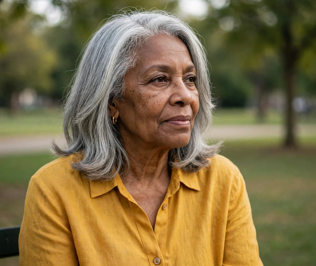 Black woman in her early sixties with a silver collarbone cut with feathered ends in a park