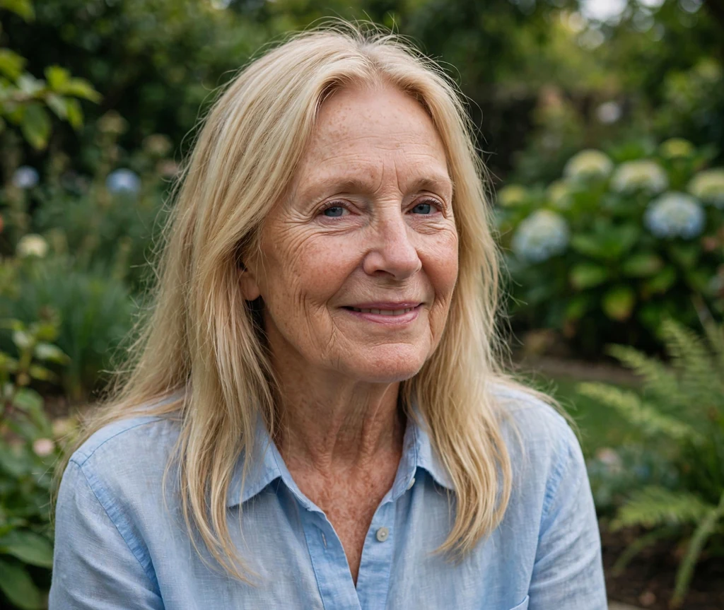 White woman in her early sixties with simple one-length long blonde hair in a garden