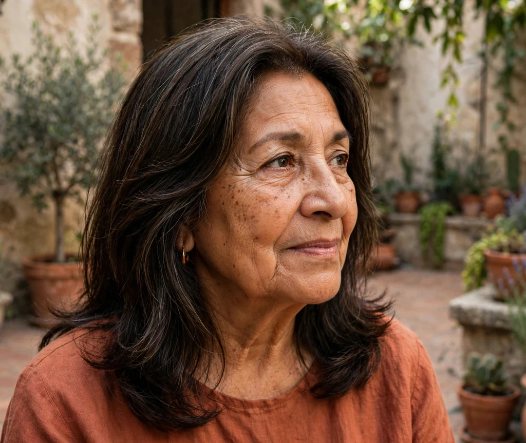 Latina woman in her late sixties with dark brown long layers with face framing in a courtyard