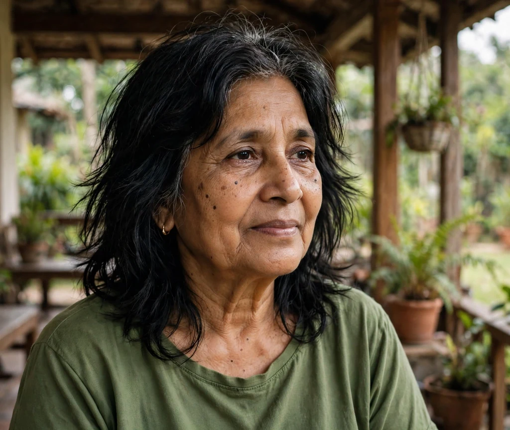 South Asian woman in her mid-sixties with a black long shag haircut on a veranda