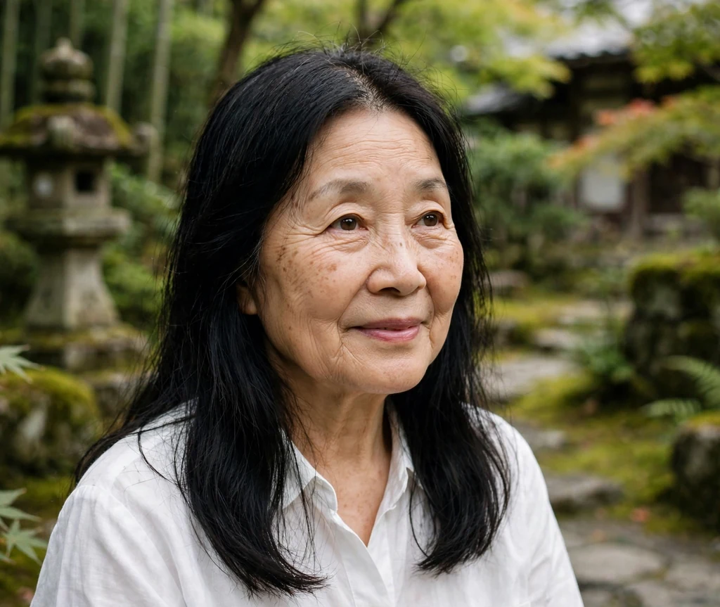 East Asian woman in her mid-sixties with one-length long black hair with a middle part in a temple garden