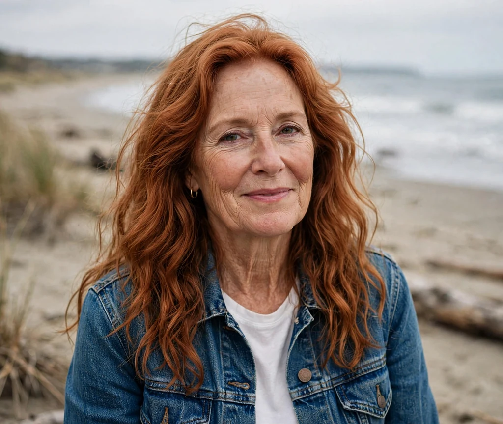 White woman in her late fifties with air-dried copper long waves at the beach
