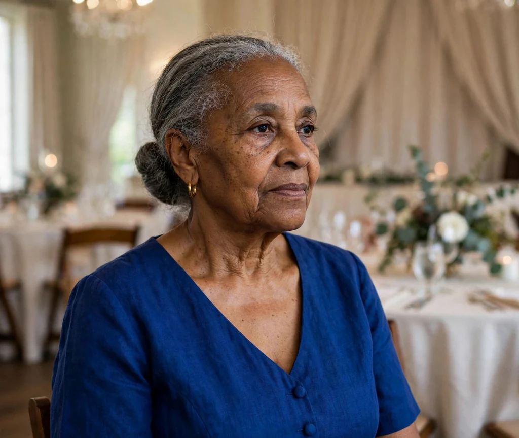 Black woman in her late sixties with a simple grey low bun in an event hall