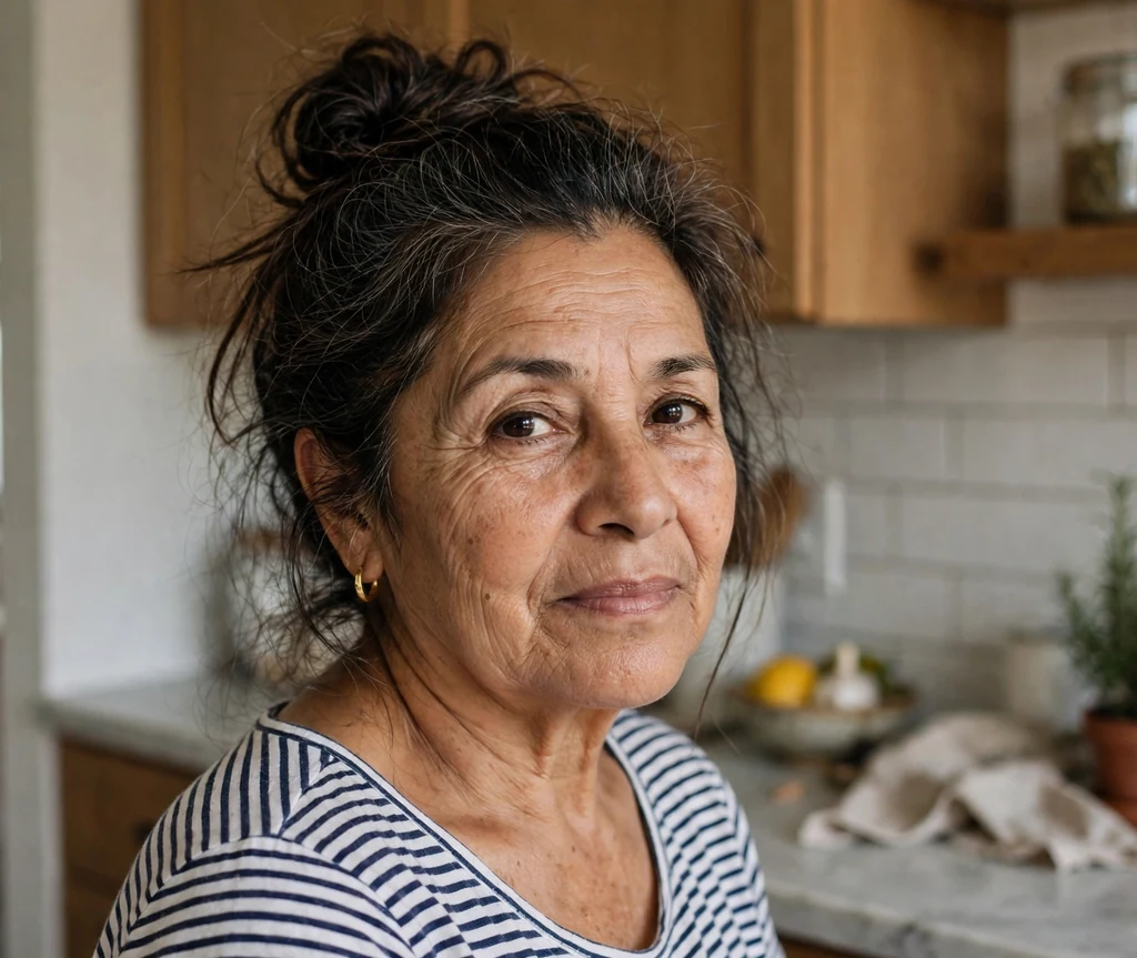Latina woman in her early sixties with a dark messy top knot in a kitchen