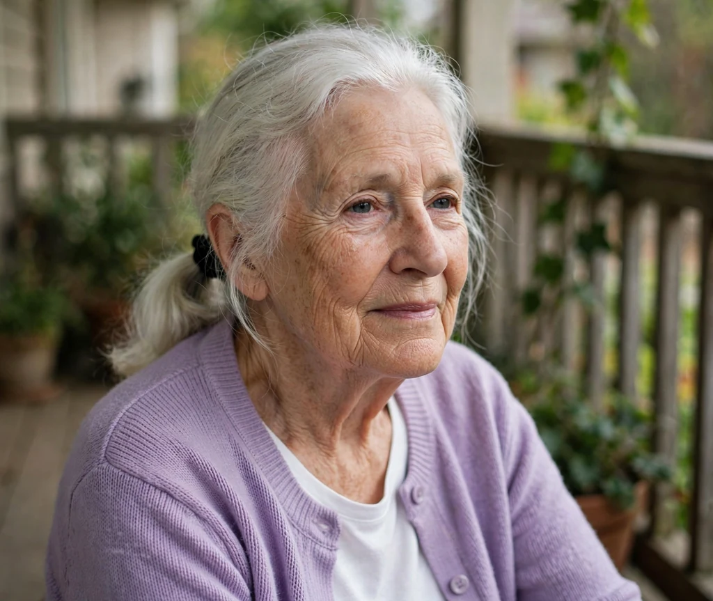 White woman in her mid-seventies with an easy white low ponytail on a porch