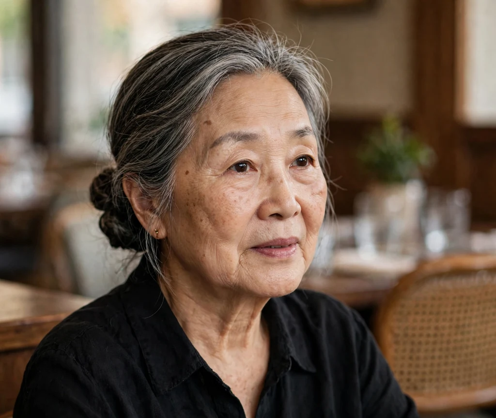 East Asian woman in her early sixties with a salt-and-pepper chignon twist in a restaurant