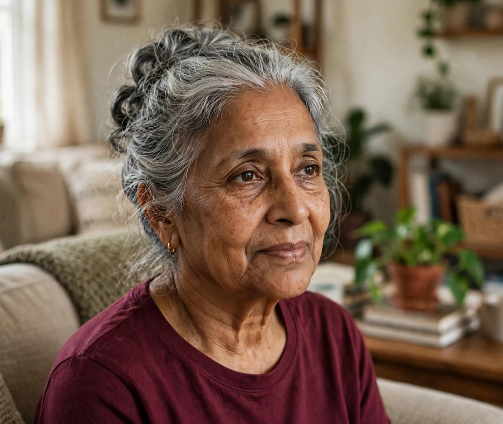 South Asian woman in her late sixties with a loose grey French twist in a family room
