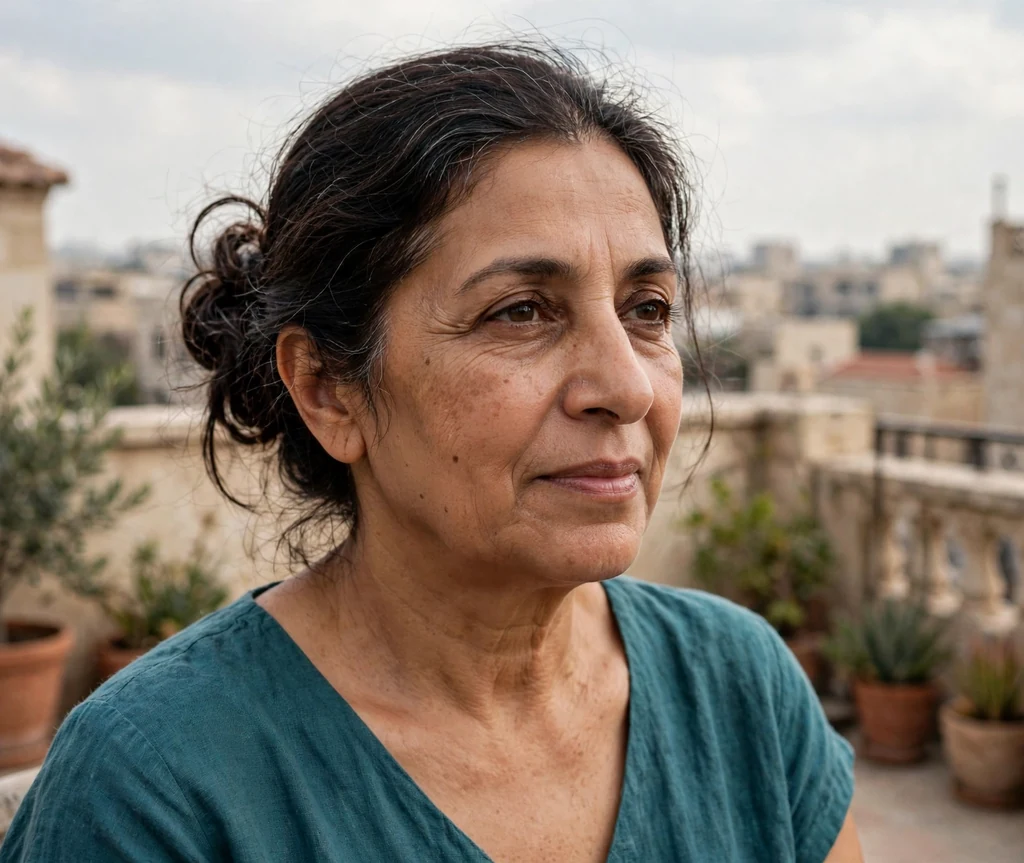 Middle Eastern woman in her mid-fifties with a dark easy side bun on a rooftop