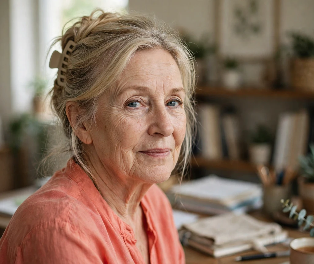 White woman in her early sixties with a blonde claw-clip twist in a home office