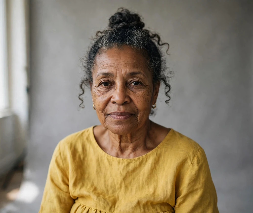 Black woman in her mid-sixties with a simple dark high bun in a studio