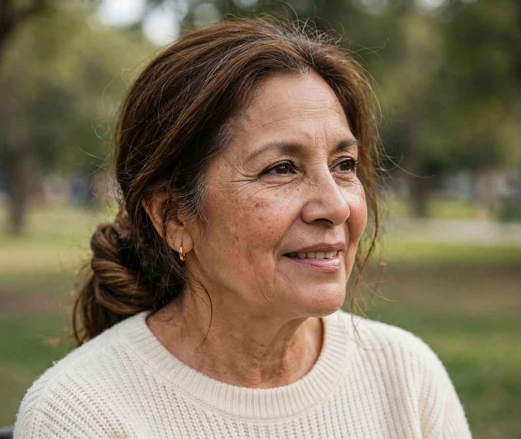 Latina woman in her late fifties with a lazy brown wrapped ponytail in a park