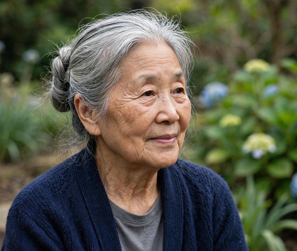 East Asian woman in her early seventies with a grey rope-twist updo in a garden