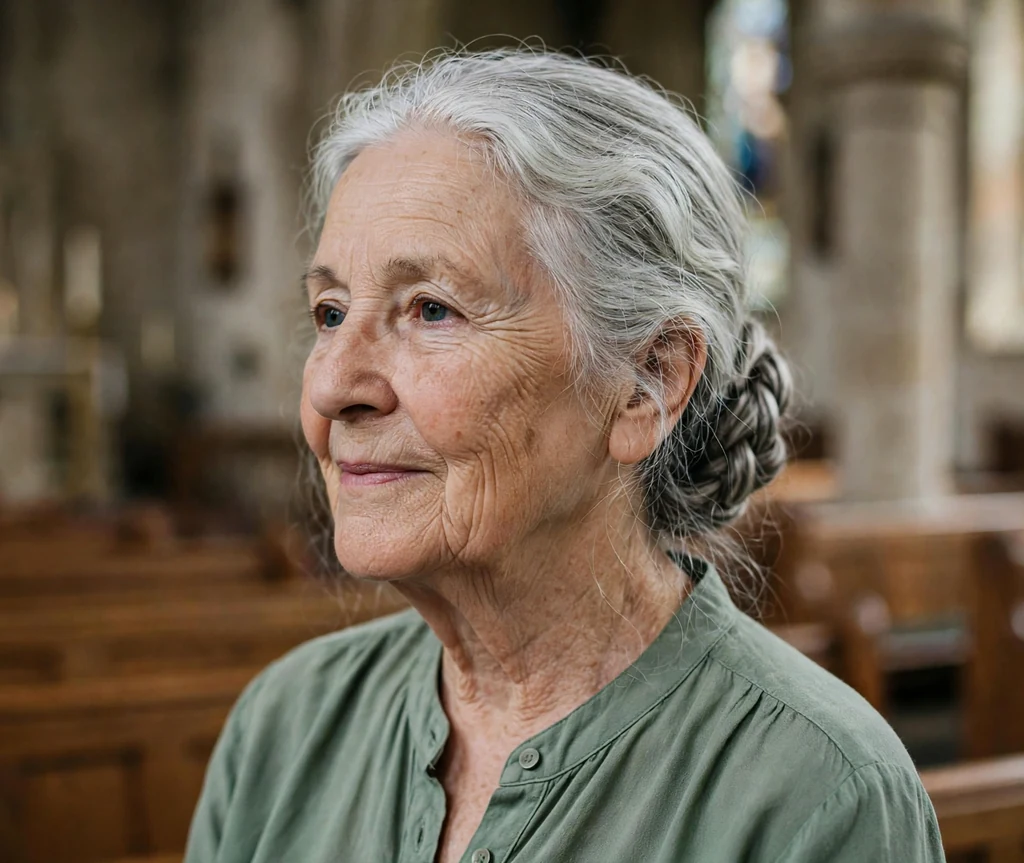 White woman in her mid-sixties with a silver braided low bun in a church