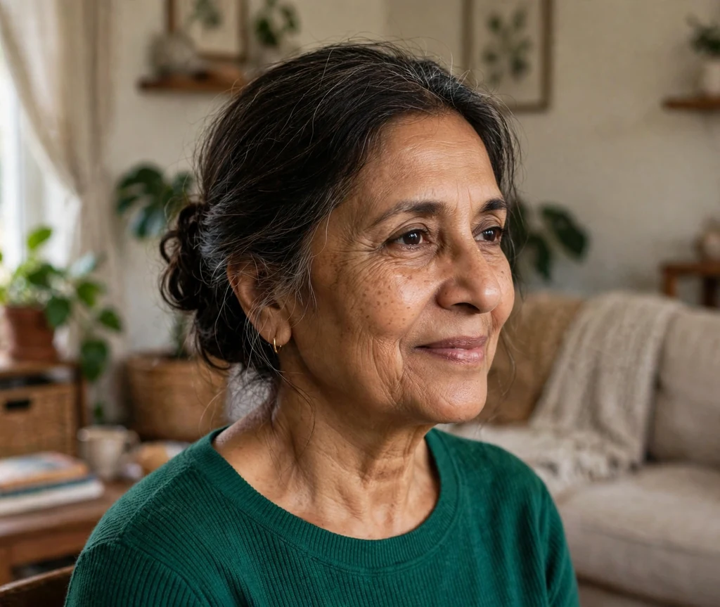 South Asian woman in her mid-fifties with a dark Gibson tuck updo in a living room