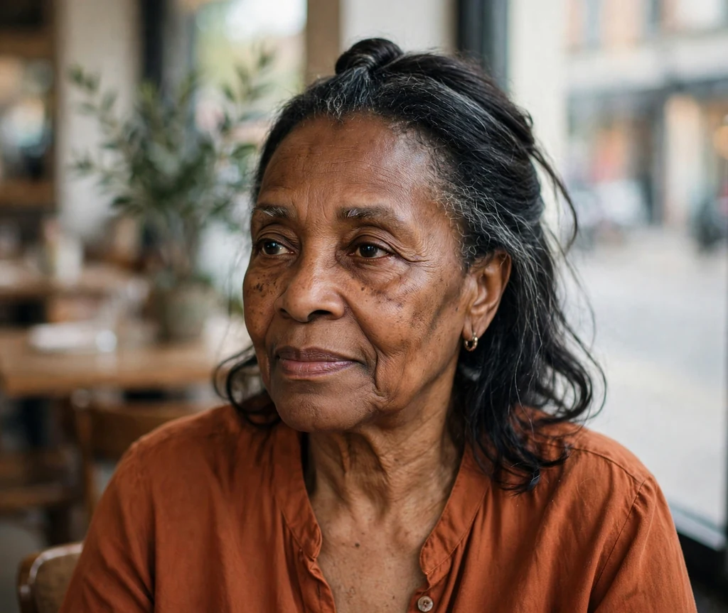 Black woman in her early sixties with a simple black half-up twist at a cafe