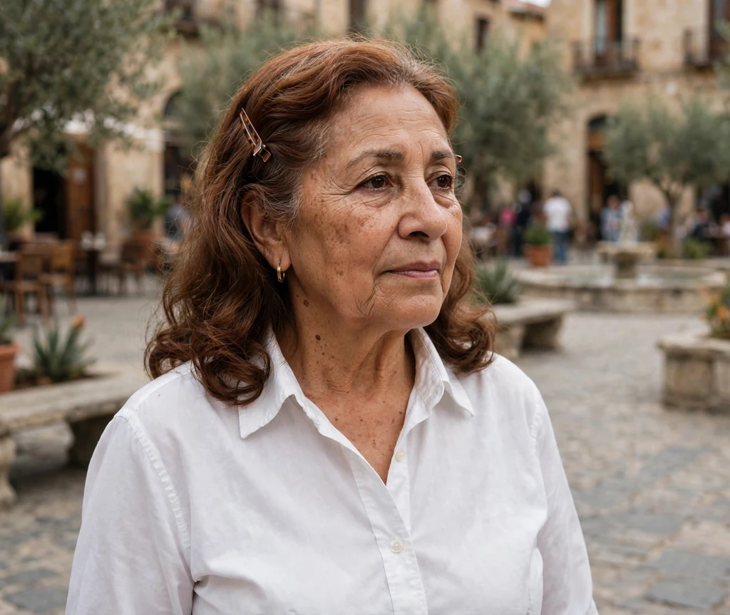 Latina woman in her mid-sixties with auburn hair pinned back from the face in a plaza