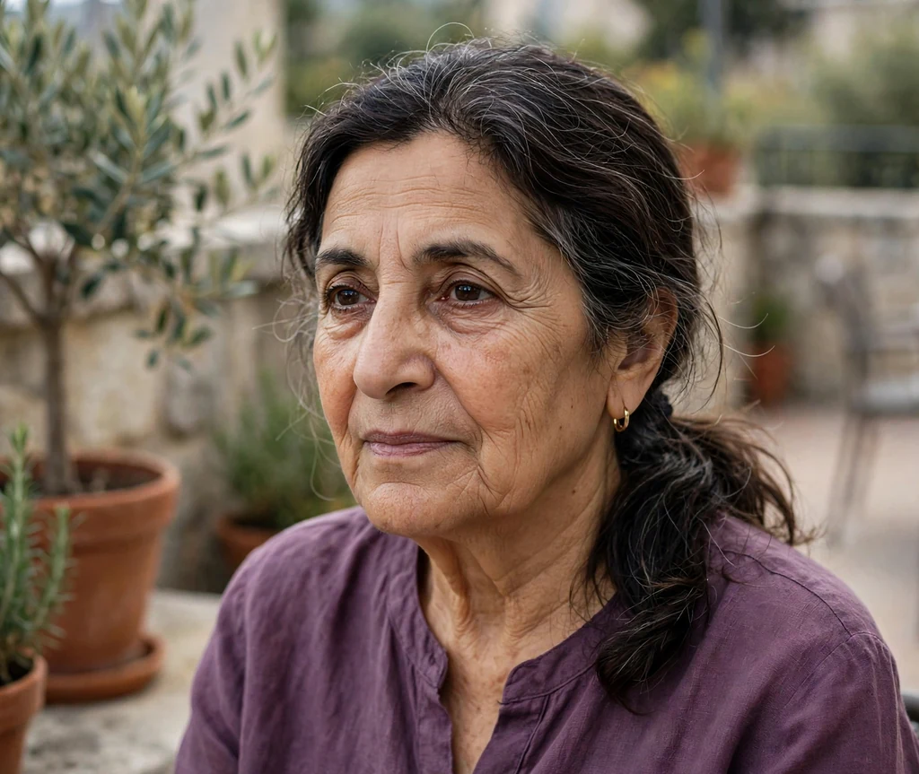 Middle Eastern woman in her late sixties with a dark low side ponytail on a terrace