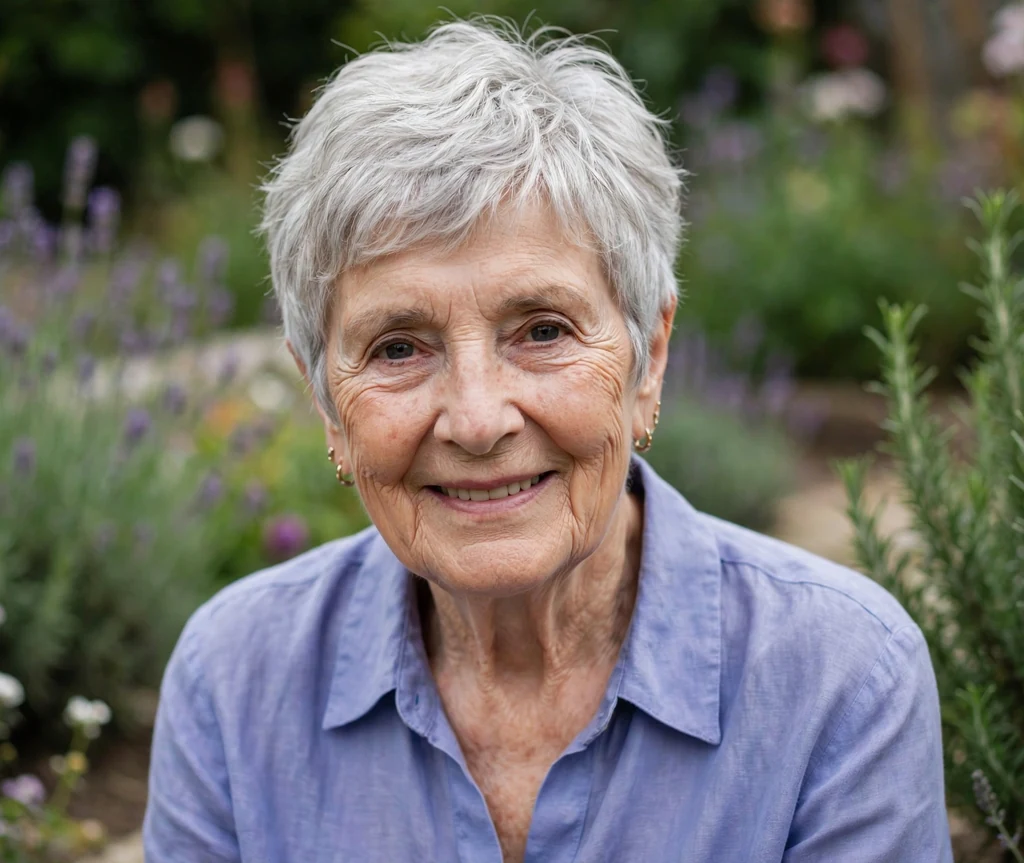 White woman in her early seventies with a white wash-and-go grey pixie in a garden