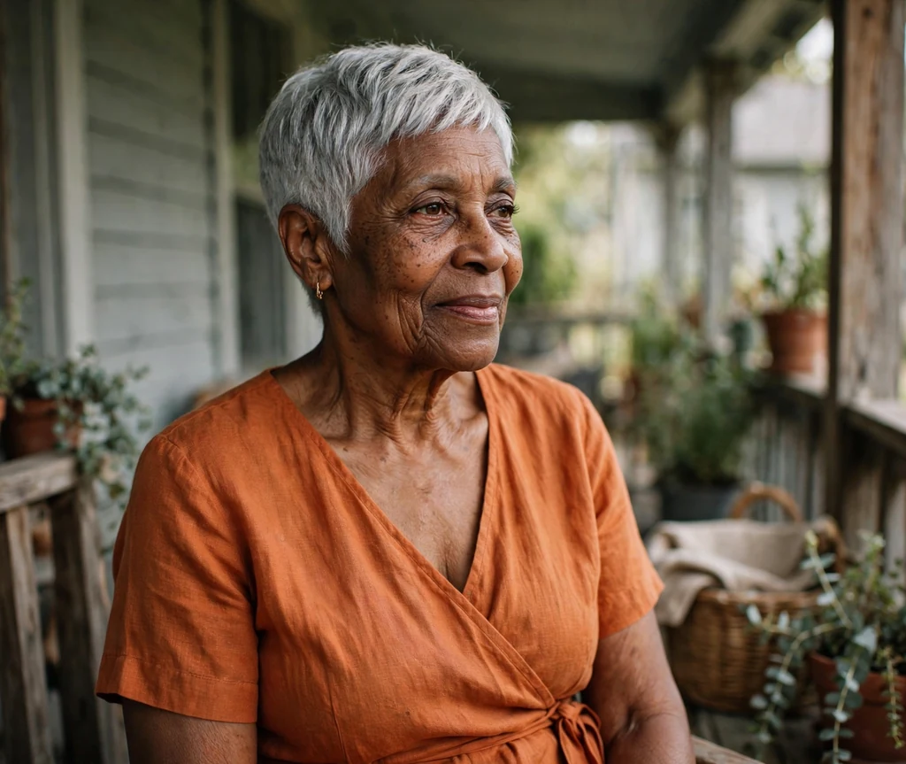 Black woman in her late sixties with a silver pixie with tapered sides on a porch
