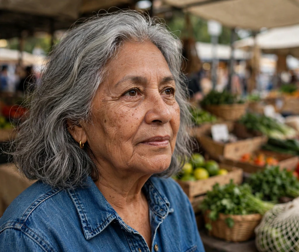 Latina woman in her early sixties with an easy grey lob at an outdoor market