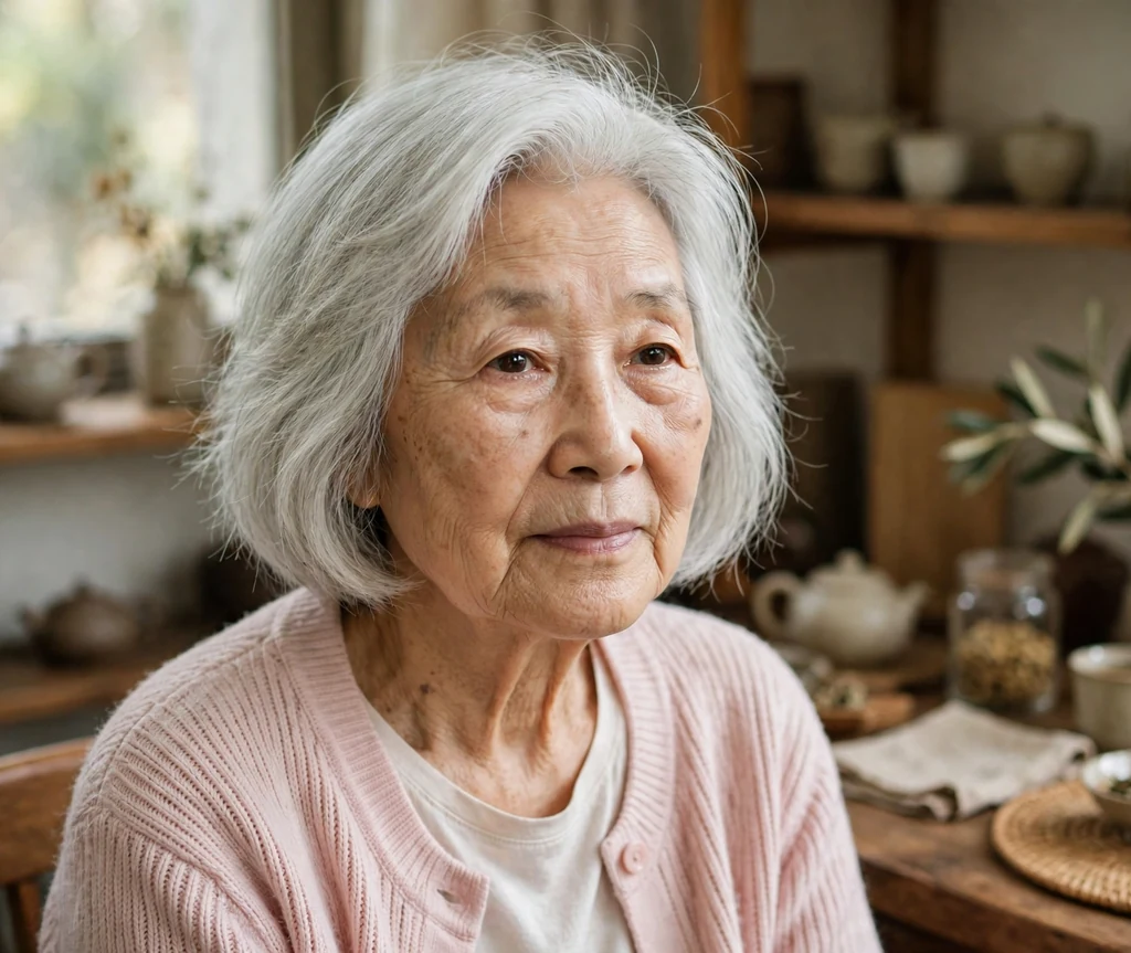 East Asian woman in her mid-seventies with a natural white silver bob in a tea room