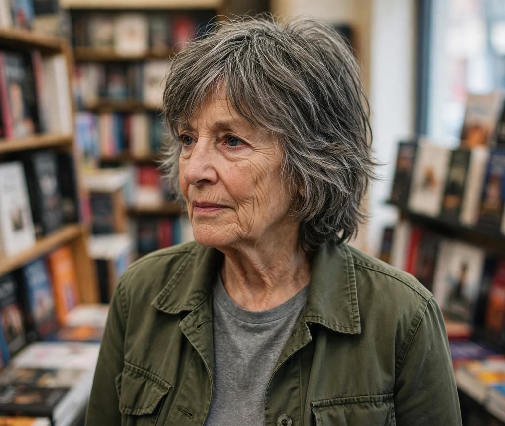 White woman in her late sixties with a salt-and-pepper shag haircut in a bookstore