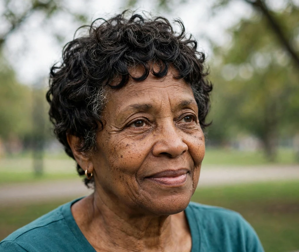 Black woman in her early sixties with a wash-and-go dark curly pixie in a park