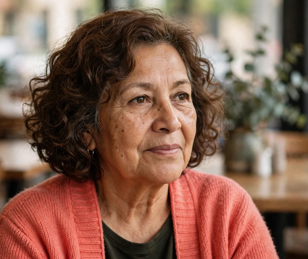 Latina woman in her mid-sixties with an easy brown curly bob at a cafe