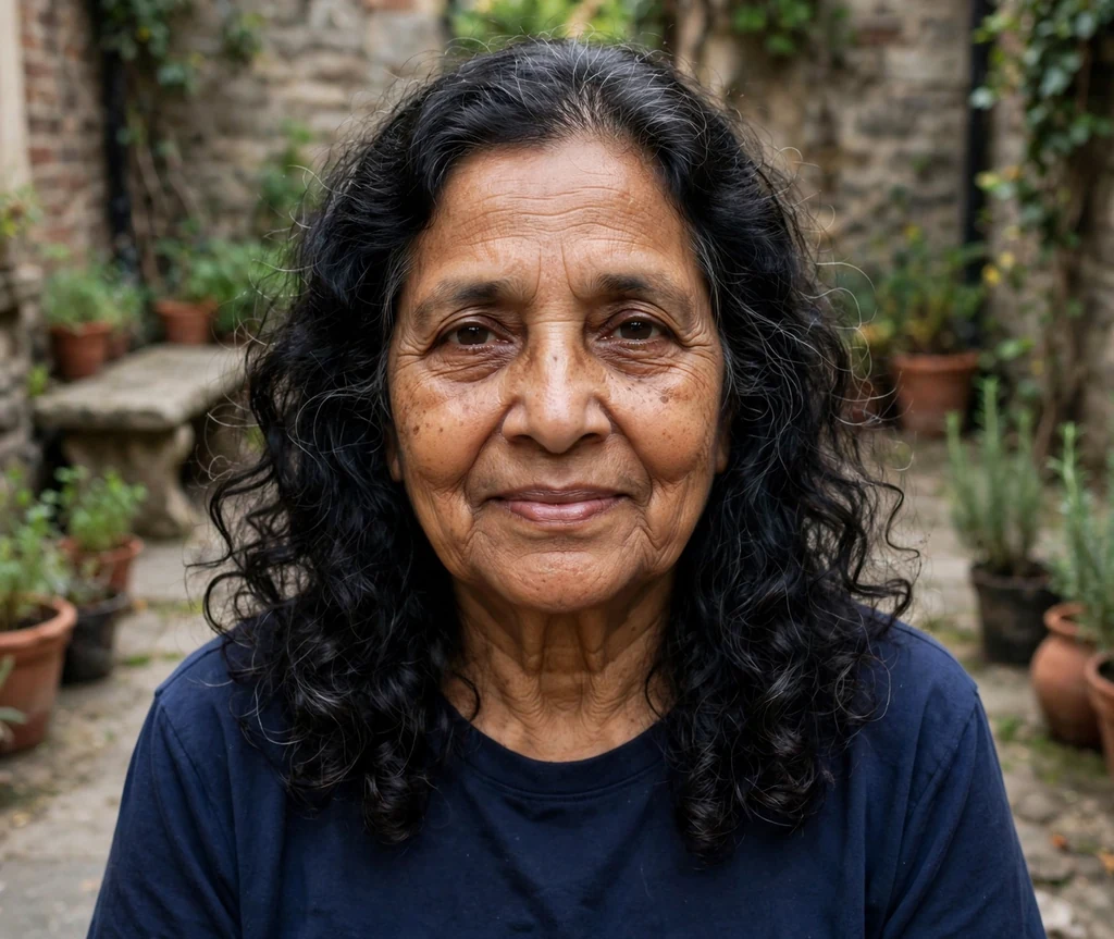 South Asian woman in her late sixties with simple long black curly layers in a courtyard
