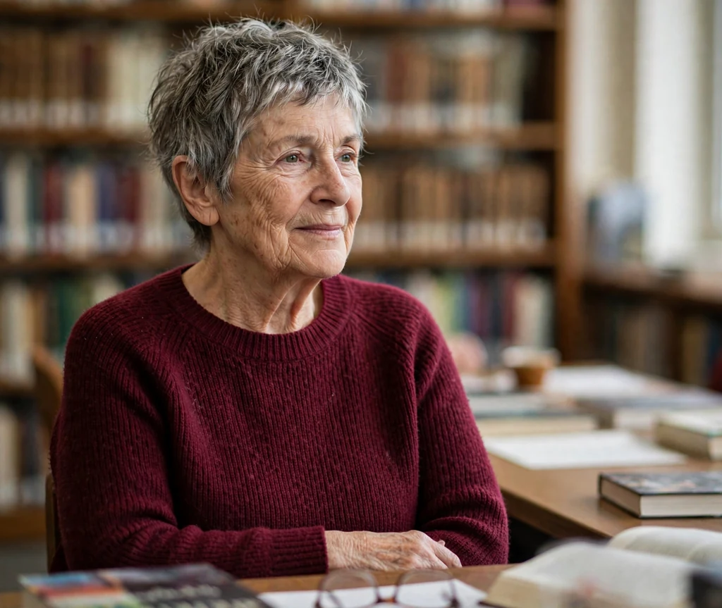 White woman in her mid-seventies with an effortless salt-and-pepper pixie in a library