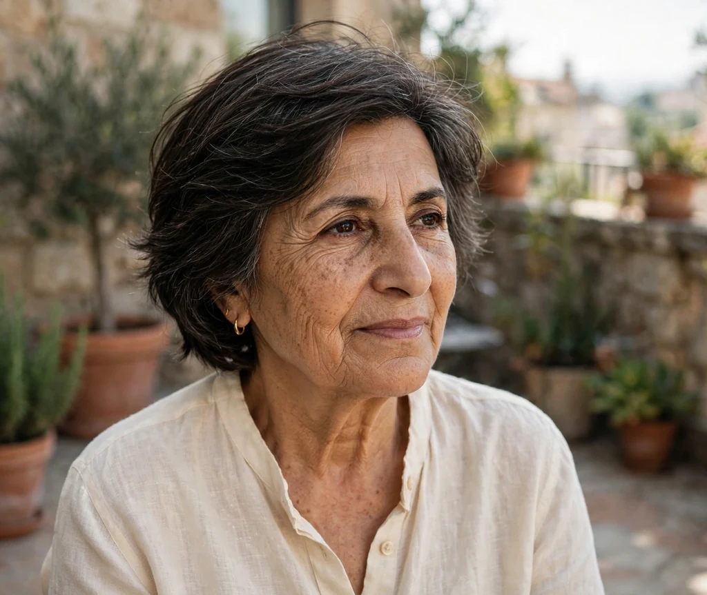 Middle Eastern woman in her early sixties with a dark brown bixie cut on a terrace