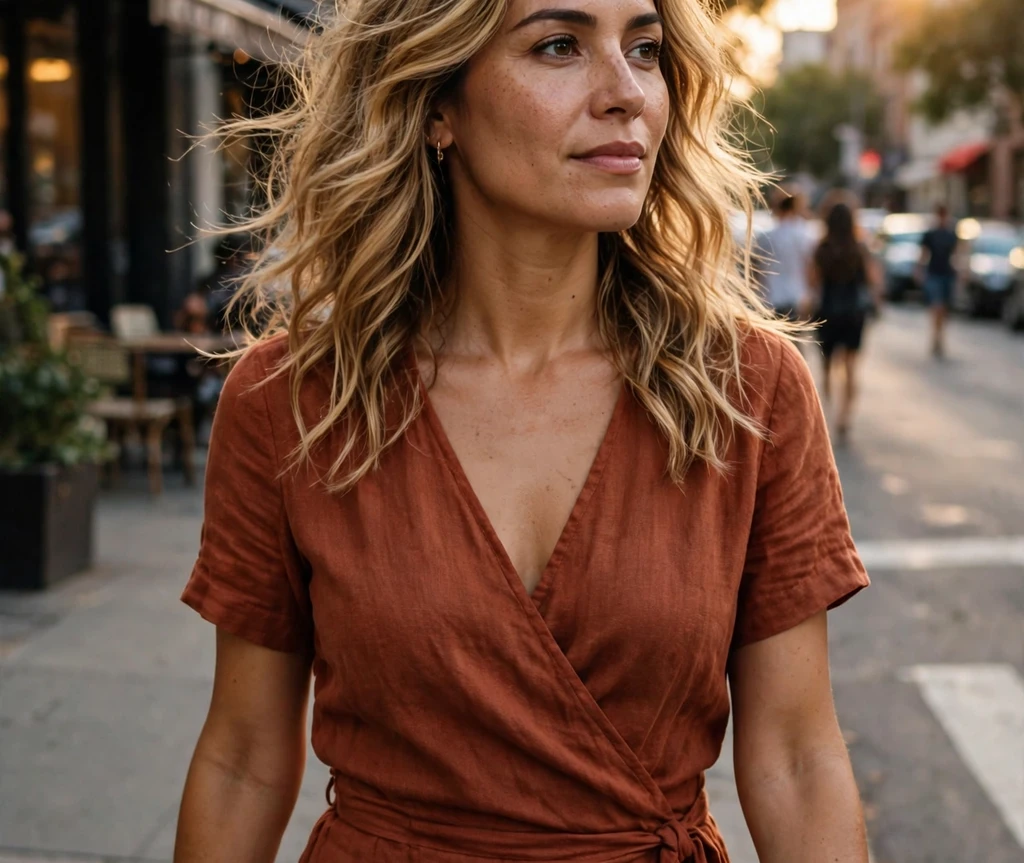 Golden hour honey blonde hair glowing on a smiling woman