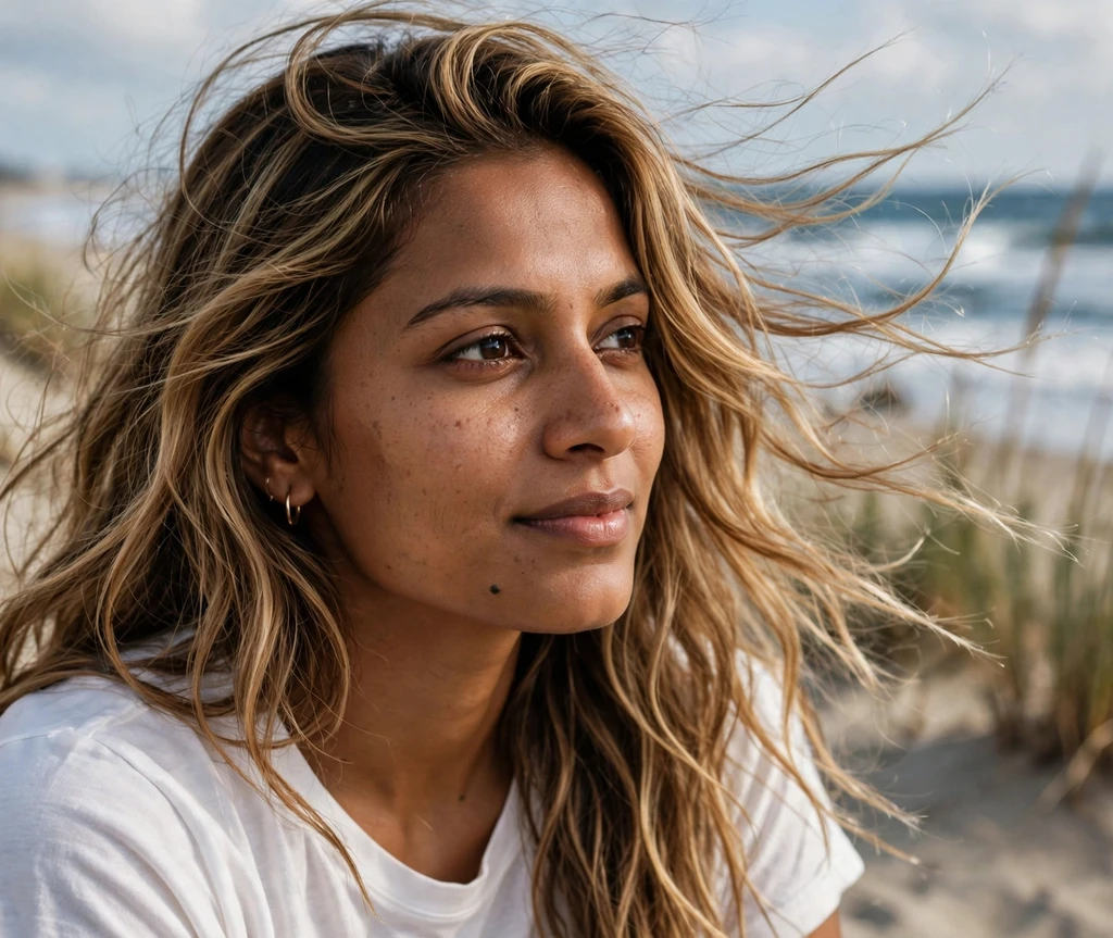 Sun-kissed bronde hair color on a woman at the beach