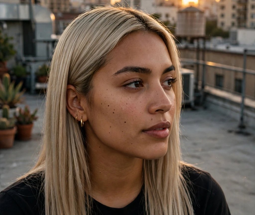 Champagne beige blonde hair on a woman in a cafe