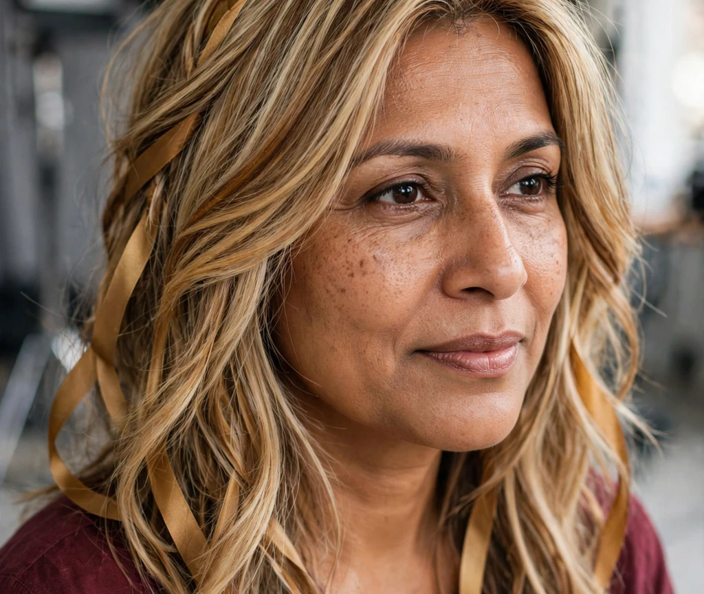 Caramel swirl highlights through medium blonde hair