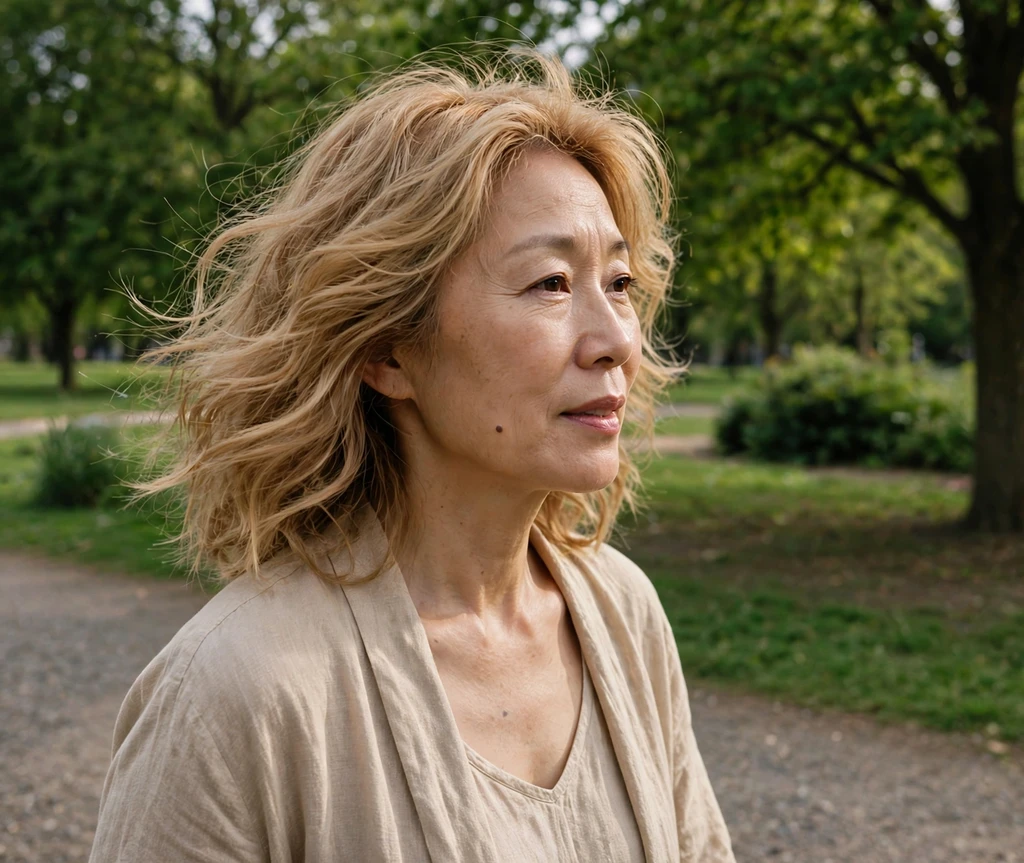 Warm sand blonde hair on a woman walking in the park
