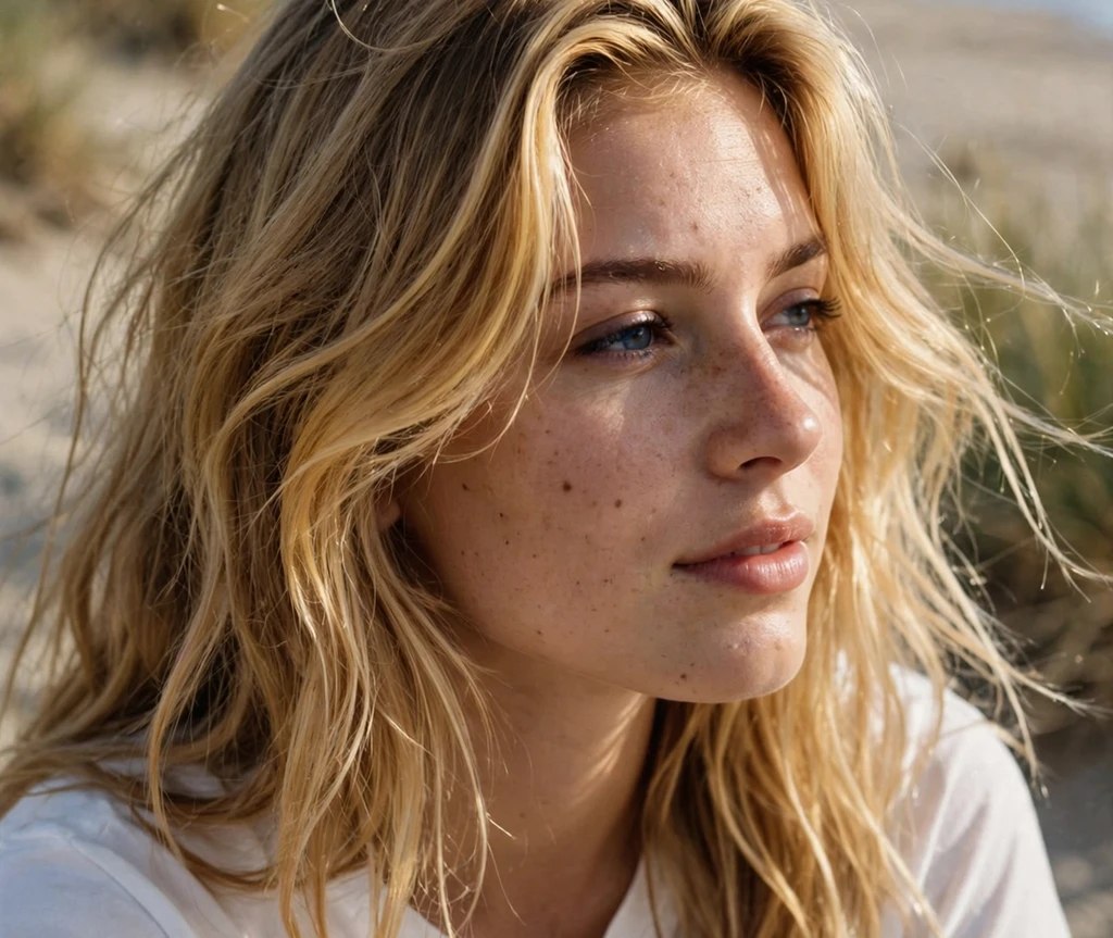 Golden hour face-framing highlights on medium blonde hair